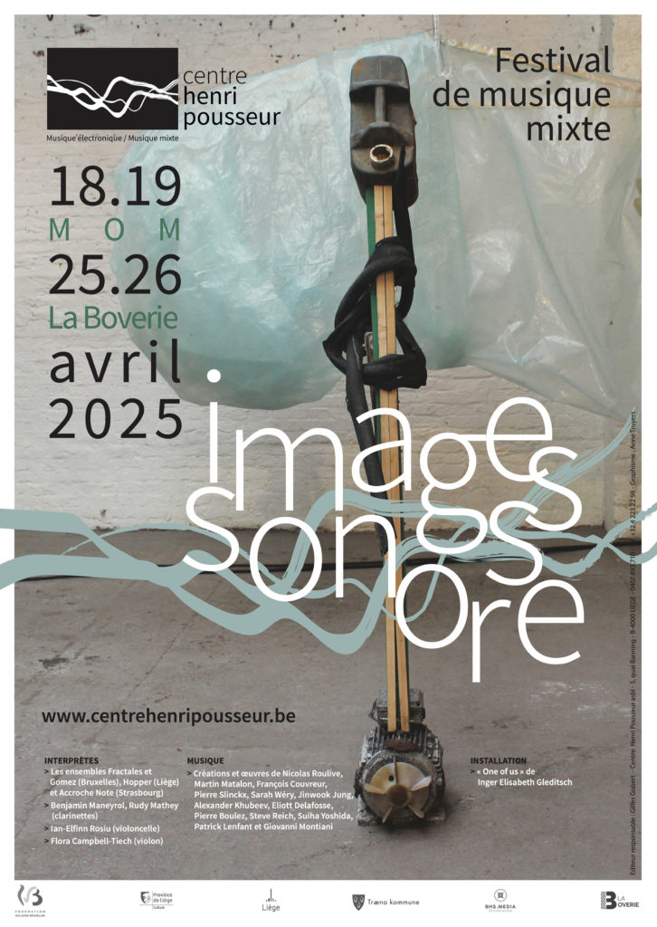 Affiche Festival Henri Pousseur 2025. Le 18-19 avril 2025 au MOM et le 25-26 avril 2025 à la boverie.